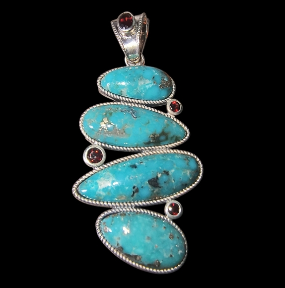 Genuine Turquoise , Mozambique Garnet & Sterling Silver Large Statement Pendant - Picture 2 of 10